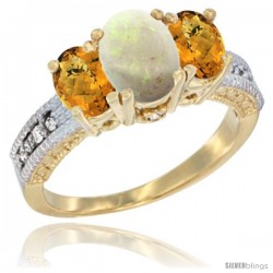 10K Yellow Gold Ladies Oval Natural Opal 3-Stone Ring with Whisky Quartz Sides Diamond Accent