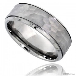 Surgical Steel Hammered Ring 8mm Wedding Band Grooved Beveled Edges Comfort-Fit