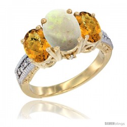 10K Yellow Gold Ladies 3-Stone Oval Natural Opal Ring with Whisky Quartz Sides Diamond Accent