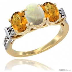 10K Yellow Gold Natural Opal & Whisky Quartz Sides Ring 3-Stone Oval 7x5 mm Diamond Accent