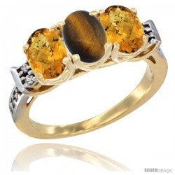 10K Yellow Gold Natural Tiger Eye & Whisky Quartz Sides Ring 3-Stone Oval 7x5 mm Diamond Accent