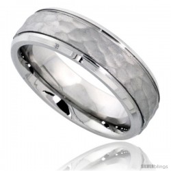 Surgical Steel 6mm Wedding Band Ring Hammered Center Grooved Beveled Edges Comfort-Fit