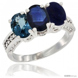 14K White Gold Natural London Blue Topaz, Blue Sapphire & Lapis Ring 3-Stone 7x5 mm Oval Diamond Accent