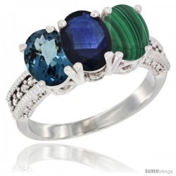 14K White Gold Natural London Blue Topaz, Blue Sapphire & Malachite Ring 3-Stone 7x5 mm Oval Diamond Accent