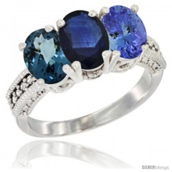 14K White Gold Natural London Blue Topaz, Blue Sapphire & Tanzanite Ring 3-Stone 7x5 mm Oval Diamond Accent