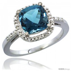 14k White Gold Ladies Natural London Blue Topaz Ring Cushion-cut 3.8 ct. 8x8 Stone Diamond Accent