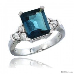 14k White Gold Ladies Natural London Blue Topaz Ring Emerald-shape 9x7 Stone Diamond Accent