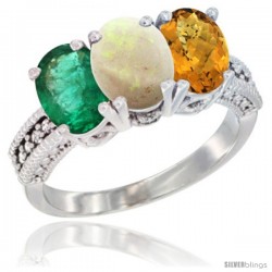 14K White Gold Natural Emerald, Opal & Whisky Quartz Ring 3-Stone 7x5 mm Oval Diamond Accent