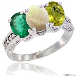 14K White Gold Natural Emerald, Opal & Lemon Quartz Ring 3-Stone 7x5 mm Oval Diamond Accent