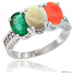 14K White Gold Natural Emerald, Opal & Coral Ring 3-Stone 7x5 mm Oval Diamond Accent