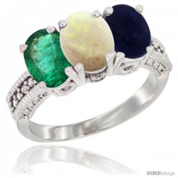 14K White Gold Natural Emerald, Opal & Lapis Ring 3-Stone 7x5 mm Oval Diamond Accent