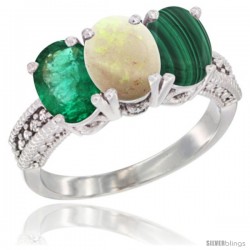 14K White Gold Natural Emerald, Opal & Malachite Ring 3-Stone 7x5 mm Oval Diamond Accent