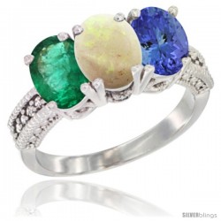 14K White Gold Natural Emerald, Opal & Tanzanite Ring 3-Stone 7x5 mm Oval Diamond Accent