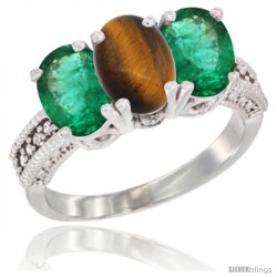 14K White Gold Natural Tiger Eye & Emerald Sides Ring 3-Stone 7x5 mm Oval Diamond Accent