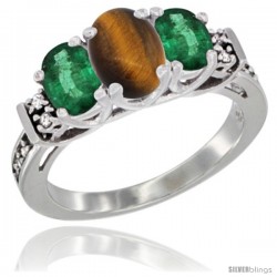 14K White Gold Natural Tiger Eye & Emerald Ring 3-Stone Oval with Diamond Accent