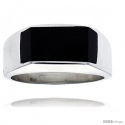 Gent's Sterling Silver Slim Rectangular Black Obsidian Ring