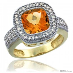 14K Yellow Gold Natural Citrine Ring Cushion-cut 9x9 Stone Diamond Accent