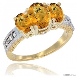 10K Yellow Gold Ladies Oval Natural Whisky Quartz 3-Stone Ring Diamond Accent