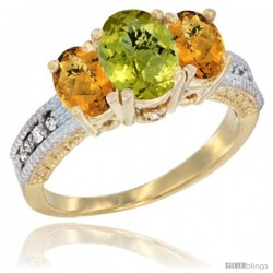 10K Yellow Gold Ladies Oval Natural Lemon Quartz 3-Stone Ring with Whisky Quartz Sides Diamond Accent