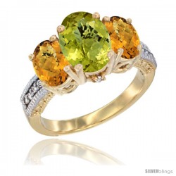 10K Yellow Gold Ladies 3-Stone Oval Natural Lemon Quartz Ring with Whisky Quartz Sides Diamond Accent