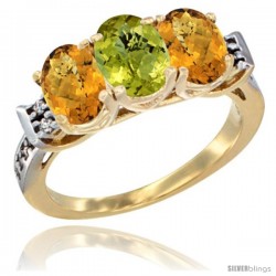 10K Yellow Gold Natural Lemon Quartz & Whisky Quartz Sides Ring 3-Stone Oval 7x5 mm Diamond Accent