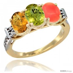 10K Yellow Gold Natural Whisky Quartz, Lemon Quartz & Coral Ring 3-Stone Oval 7x5 mm Diamond Accent