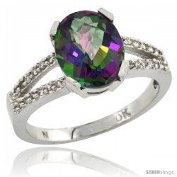 10k White Gold and Diamond Halo Mystic Topaz Ring 2.4 carat Oval shape 10X8 mm, 3/8 in (10mm) wide