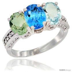 10K White Gold Natural Green Amethyst, Swiss Blue Topaz & Aquamarine Ring 3-Stone Oval 7x5 mm Diamond Accent