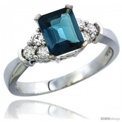 14k White Gold Ladies Natural London Blue Topaz Ring Emerald-shape 7x5 Stone Diamond Accent