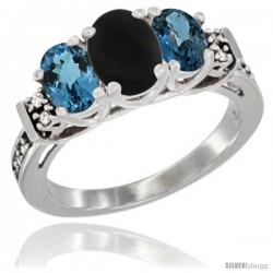 14K White Gold Natural Black Onyx & London Blue Ring 3-Stone Oval with Diamond Accent