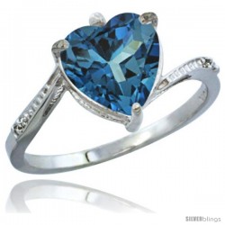 14k White Gold Ladies Natural London Blue Topaz Ring Heart-shape 9x9 Stone Diamond Accent