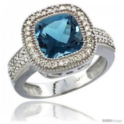 14k White Gold Ladies Natural London Blue Topaz Ring Cushion-cut 4 ct. 8x8 Stone Diamond Accent