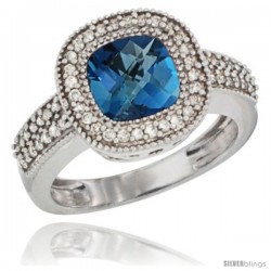 14k White Gold Ladies Natural London Blue Topaz Ring Cushion-cut 3.5 ct. 7x7 Stone Diamond Accent