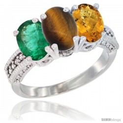 14K White Gold Natural Emerald, Tiger Eye & Whisky Quartz Ring 3-Stone 7x5 mm Oval Diamond Accent