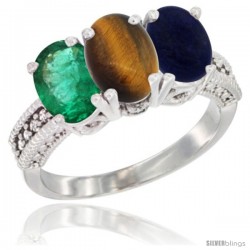 14K White Gold Natural Emerald, Tiger Eye & Lapis Ring 3-Stone 7x5 mm Oval Diamond Accent