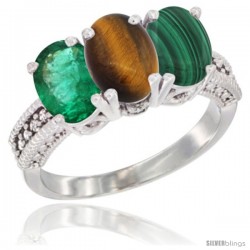 14K White Gold Natural Emerald, Tiger Eye & Malachite Ring 3-Stone 7x5 mm Oval Diamond Accent