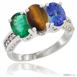 14K White Gold Natural Emerald, Tiger Eye & Tanzanite Ring 3-Stone 7x5 mm Oval Diamond Accent