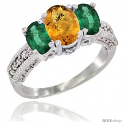 14k White Gold Ladies Oval Natural Whisky Quartz 3-Stone Ring with Emerald Sides Diamond Accent