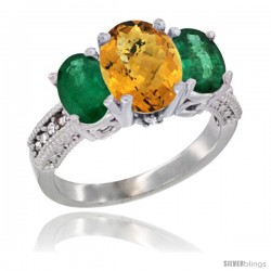 14K White Gold Ladies 3-Stone Oval Natural Whisky Quartz Ring with Emerald Sides Diamond Accent