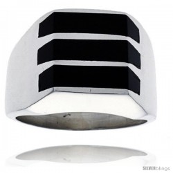 Gent's Sterling Silver Triple Stripes Black Obsidian Ring