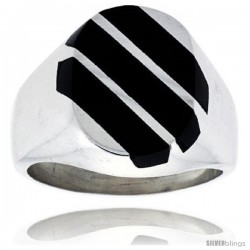 Gent's Sterling Silver Triple Diagonal Stripes Black Obsidian Ring