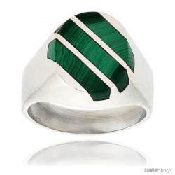 Gent's Sterling Silver Triple Diagonal Stripes Malachite Ring