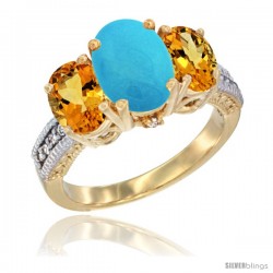 14K Yellow Gold Ladies 3-Stone Oval Natural Turquoise Ring with Citrine Sides Diamond Accent