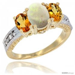 14k Yellow Gold Ladies Oval Natural Opal 3-Stone Ring with Citrine Sides Diamond Accent