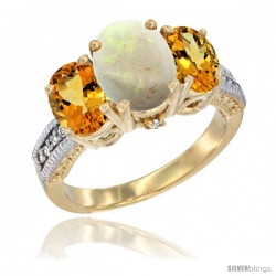 14K Yellow Gold Ladies 3-Stone Oval Natural Opal Ring with Citrine Sides Diamond Accent