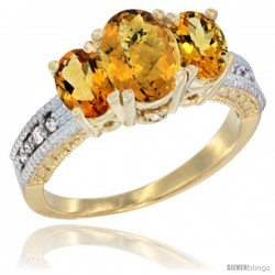 14k Yellow Gold Ladies Oval Natural Whisky Quartz 3-Stone Ring with Citrine Sides Diamond Accent