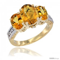 14K Yellow Gold Ladies 3-Stone Oval Natural Whisky Quartz Ring with Citrine Sides Diamond Accent