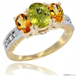 14k Yellow Gold Ladies Oval Natural Lemon Quartz 3-Stone Ring with Citrine Sides Diamond Accent