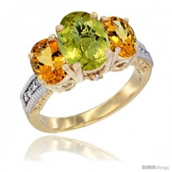 14K Yellow Gold Ladies 3-Stone Oval Natural Lemon Quartz Ring with Citrine Sides Diamond Accent