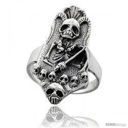 Sterling Silver Gothic Biker Reaper with Horns Ring 1 3/8 in wide